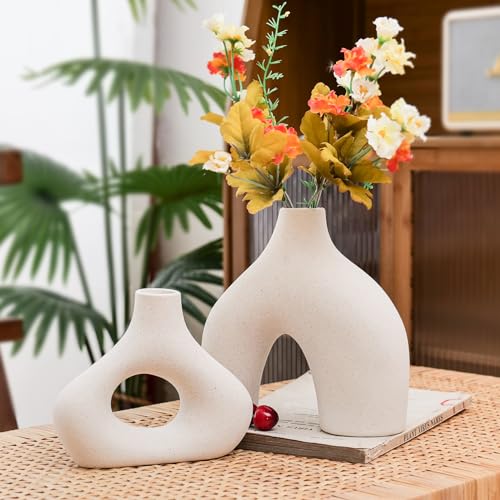 CEMABT Beige Ceramic Vase Set of 2 for Modern Minimalist Bohemian Decor，Round Matte Donut Vases for Pampas Grass-Perfect f...