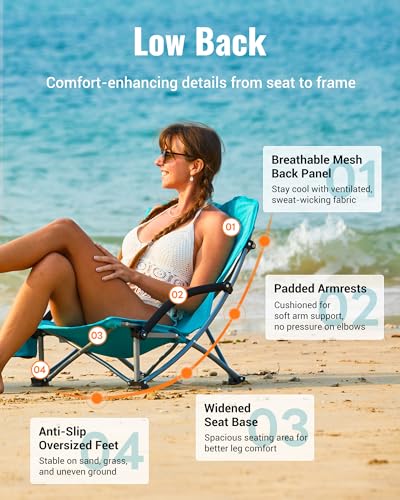 KingCamp Low Beach Chair, High Back Folding Camping Chair for Adults, Oversized Breathable Mesh Seat, 300lbs Heavy Duty Po...