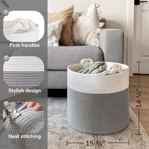 Goodpick Cotton Rope Storage Basket, 15 x 14.2 Inches Baby Laundry Baskets for Clothes, Toy Storage Blanket Basket With Ha...