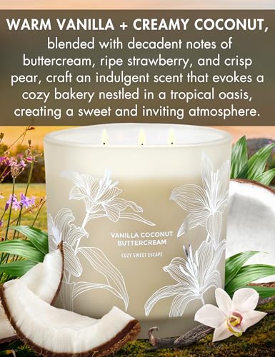 Vanilla Coconut Buttercream Candle, 14.5oz Large 3-Wick Soy Scented Candles for Home, Vanilla Cupcake Candle, Long Lasting...