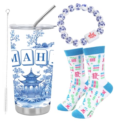 Koazava 4 Pcs Mahjong Gifts Set, Stainless Steel Tumbler Socks Bracelet Gift Box Set for Women Man, Mahjong Party Accessor...
