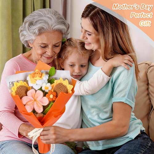 Gouraml Crochet Flower Bouquet, Orange Crochet Flowers for Mother's Day, Crochet Sunflowers Tulips Roses Bouquet for Valen...
