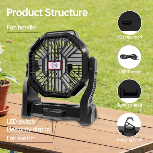 Eloslos Portable Rechargeable Camping Fan for Tent, LED Lantern, 270 Rotation, 36 Hours 10-Inch Quiet Personal USB Cooling...