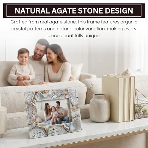 Natural Blue Agate 5x7 Photo Frame | Hand-Polished Luxury Crystal Picture Frame for Tabletop | Elegant Geode Stone Display...