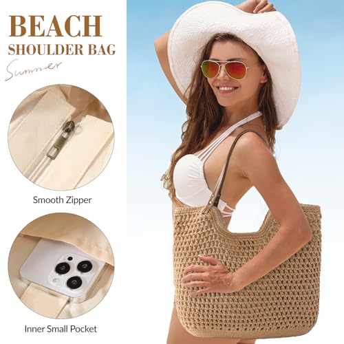Pleneal Crochet Beach Bag, Summer Woven Tote Bag with Lining, Soft Purse Shoulder Bags for Vacation