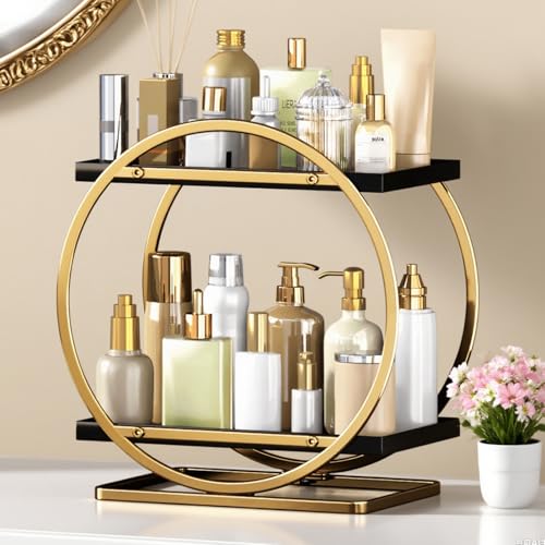 YIWANFW Makeup Organizer for Vanity, Black Gold Perfume Organizer for Dresser, 2-Tier Bathroom Countertop Organizers, Bath...