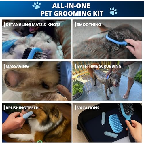 Double-Sided Pet Dog Cat Brush for Detangling Deshedding & Removing Small Mats plus Rubber Dog Bath Brush for Grooming, Sh...