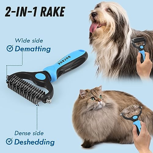 Docrok Pet Grooming Combo - Blue Deshedding Brush with Metal Comb for Detangling and Dematting Long, Matted Fur on Cats an...