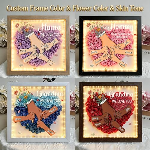 ROSLILY Personalized Mom Flower Shadow Box with Kids Names, Mommy Holding Hands Shadow Box, Custom Light Up Mother's Day P...