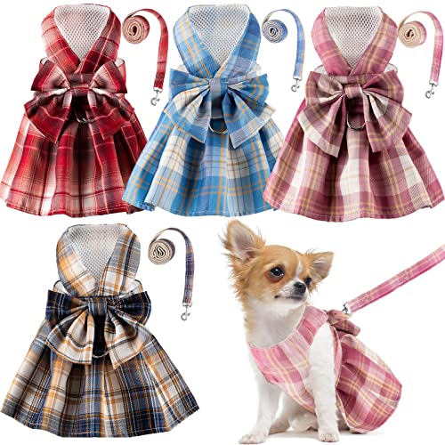 Potchen 4 Pcs Cute Plaid Dog Dress Set with Bow Tie Harness & Leash for Small Dogs, Puppy Clothes for Girls Outfits(S,Dark...