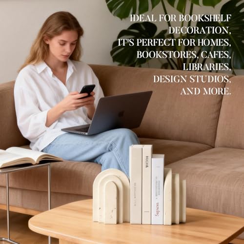 Havmorph Book Ends for Heavy Books, Beige Modern Pleasing Layered Arch Design Aesthetic Bookend Decorative, Concrete Book ...
