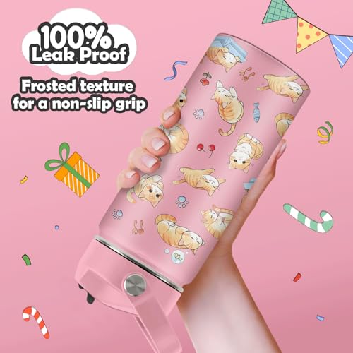 ROVOZAR Cat Water Bottle for Girls - 16oz Cat Stainless Steel Water Bottle with Straw - Cute Cats Insulated Cup - Pink Cat...