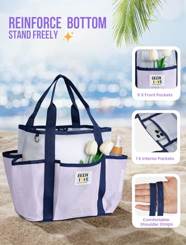 nemeki Mesh Beach Bag for Women Small Beach Tote Bag Sandproof Foldable Swim Pool Bag with 8 Pockets for Travel