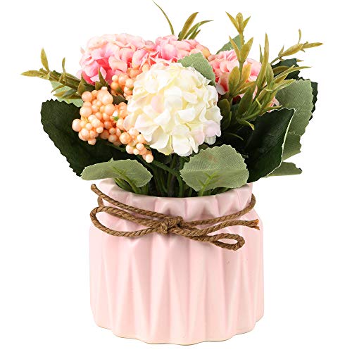 SUPNIU Artificial Hydrangea Bouquet with Small Ceramic Vase Fake Silk Variety Flower Balls Flowers Decoration for Table Ho...