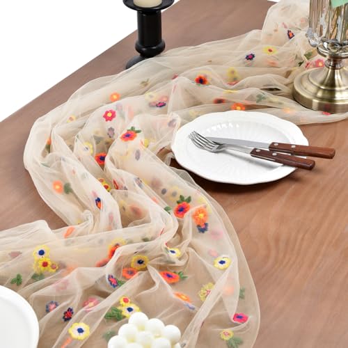 Joanlody Champagne Embroidery Daisy Spring Summer Table Runner 10ft Florals Seasonal Easter Tulle Table Runner Holiday Kit...