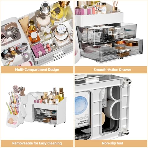 Makeup Organizer with Drawers for Vanity Bathroom Counter Organizers and Storage, Large Skincare Organizer with Brush Toot...