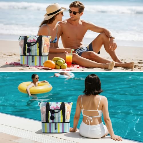 ASL Mesh Beach Bag with Cooler Compartment for Women, 2-in-1 Print Travel Tote 30L with Zipper and Pockets, Pool Picnic