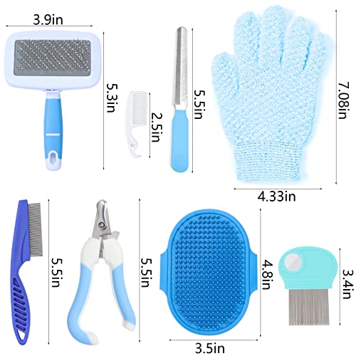 VCZONE Small Animal Grooming Set: Pet Nail Clipper & File, Flea Comb, Shampoo Brush, Shedding Slicker Brush, Massage Glov...