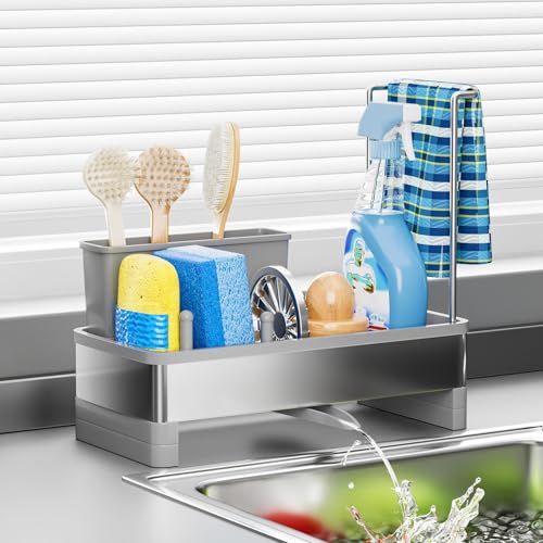 Ewaiira Stainless Steel Sink Caddy, Sponge Holder for Kitchen Sink with Brush Holder Dishcloth Rack, Rustproof Sink Organi...