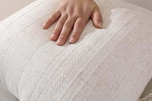 Natural Linen Boho Lumbar Throw Pillow Covers Set of 2 - 20x12 Inch Rustic Striped Farmhouse Decor Pillowcase, Breathable...