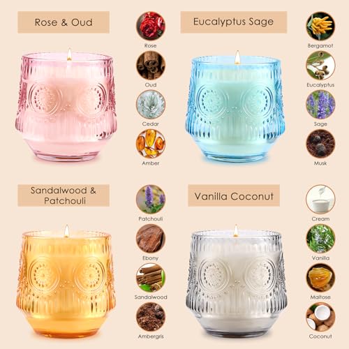 4 Pack Luxury Scented Candles Gift Set - 7oz Soy Wax Candles in Glass Jars, Gifts for Women - Vanilla Coconut, Eucalyptus ...