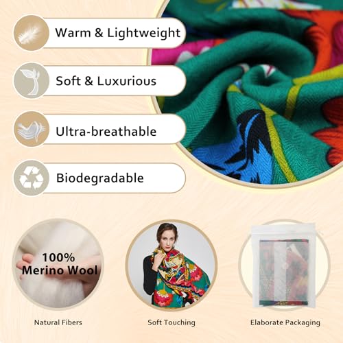 DANA XU 100% Merino Wool Pashmina Shawl for Women 96"x43", Oversized Cashmere Wrap with Tassels, Floral Travel Blanket Cape