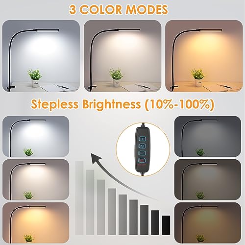 ShineTech LED Desk Lamp with Clamp, Clip On Desk Lamp for Home Office, 3 Color Modes & Stepless Dimming, Flexible Goosenec...