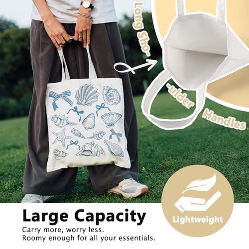 LIANGW Summer Beach Canvas Tote Bag Aesthetic for Women, Reusable Coastal Sea Turtle Grocery Bags Shopping Bags