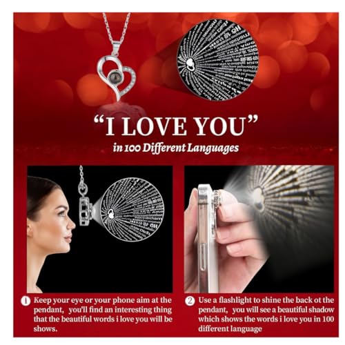 Preserved Real Rose with Heart I Love You Necklaces for Women in 100 Languages - Eternal Red Flowers Gifts for her Romanti...