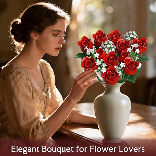 Red Rose Flowers Bouquet Building Set - Valentine's Day Gift Compatible with Lego Flowers for Adults Women, Collection Chr...