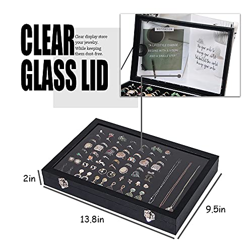Ausalivan Ring Holder Organizer Box, Jewelry Display Case, Earring Necklace Storage Tray With Top Glass Lid (Black, 100 Sl...