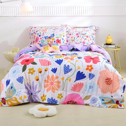Mooreeke Full Size Comforter Sets for Girls Kids, 8 Pieces Bed in a Bag Purple Floral Butterfly Bedding Comforter Sheet Se...