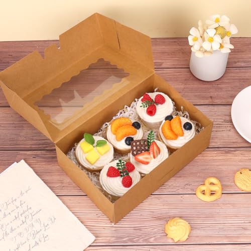 Moretoes 28pcs Cookie Boxes with Window, 9x6x3 Inch Brown Bakery Boxes Pastry Containers for Chocolate Covered Strawberrie...