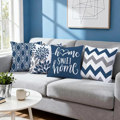 Hexagram Geometric Blue Pillow Covers 18x18 Set of 4, Decorative Outdoor Boho Modern Throw Pillow Covers, Home Sweet Home ...
