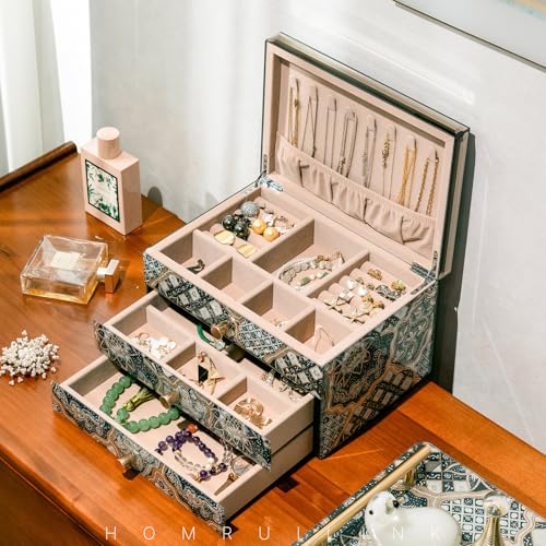 Homruilink High End Glass Jewelry Box, 3 Layer Jewelry Organizer,Velvet-Lined Case For Ring, Necklace, Earring, Bracelet S...