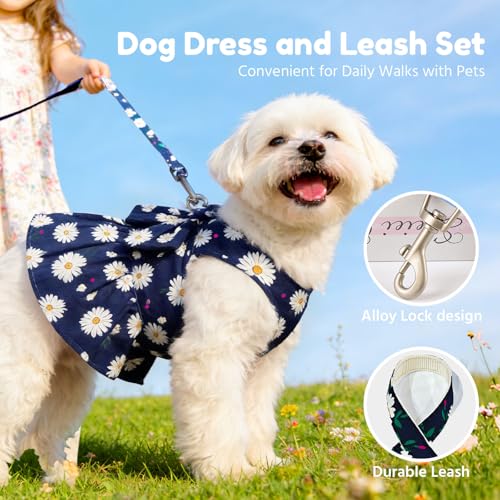BAEJMJK Dog Dress Bowknot Harness Leash Set for Small Dogs Cats Daisy Floral Girl Dog Dresses Cute Puppy Princess Clothes ...