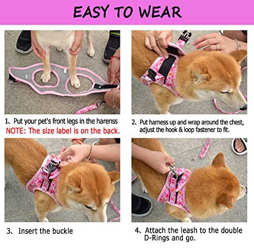 Moonpet Step in Dog Harness Leash Set- All Weather Reflective No-Pull Floral Pattern Padded Mesh Vest Harness for Cats Pup...