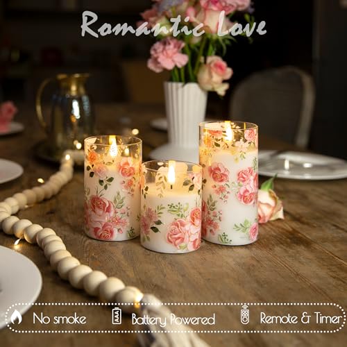 LUSHARBOR Flameless Candles with Remote, Battery Operated Glass Candles Pink Rose Flickering LED Candles Real Wax Floral C...