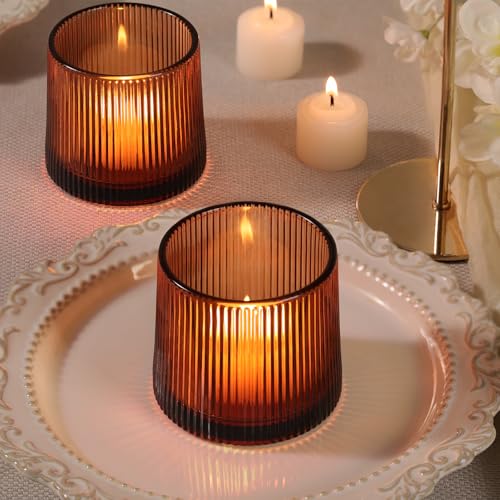 Amber Ribbed Tealight Votive Candle Holders Set of 10- Votive Candle Holders for Table Centerpiece, Tea Light Candle Holde...