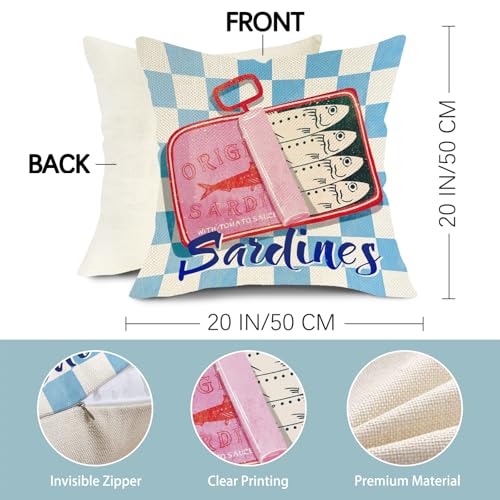 Fjfz Sardines Can Decorative Throw Pillow Covers 20 x 20 Set of 4, Beach Coastal Fish Fisherman Aesthetic Porch Outdoor Ho...