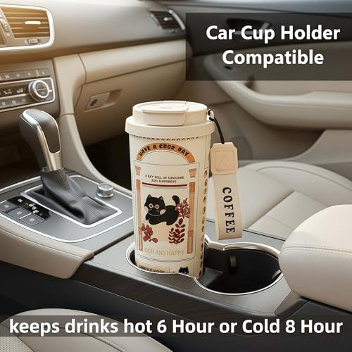 WeiTeTaLuo 16 oz Travel Coffee Mug, 316 Stainless Steel Water Bottle, Cat Insulated Tumbler with Lid and Straw, Leakproof,...
