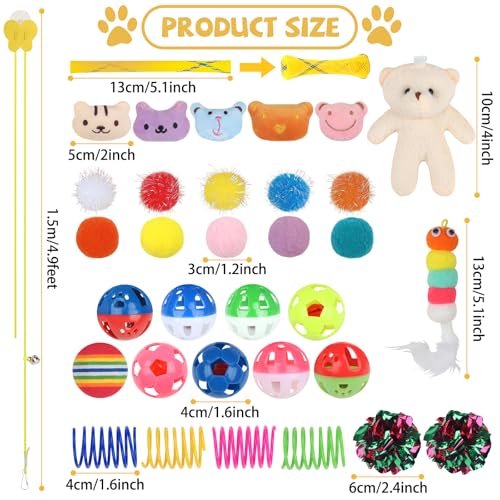 QUOZUO Kitten Toys - 38PCS Cat Play Set, Sparkle Balls, Plush Pom Pom Balls, Hanging Door Toy, Gift Box Styles