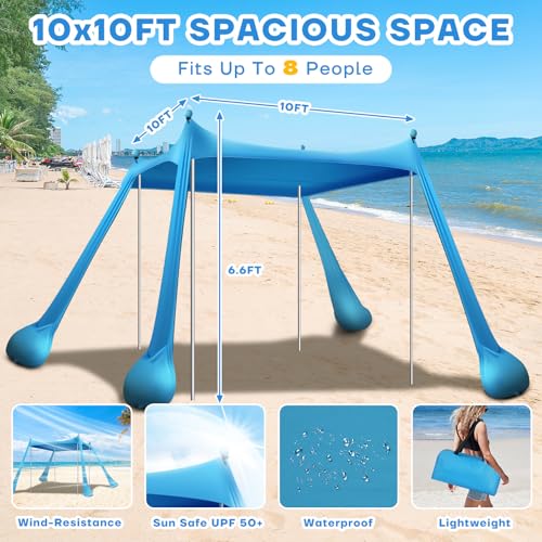 Beach Tent Canopy UPF50+ Protection, 10x10FT Beach Shade Sun Shelter Pop Up with 4 Stability Poles, Sandbags, Sand Shovel...