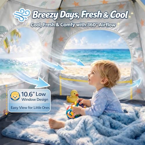 Baby Beach Tent Pop Up Sun Shelter with UPF 50+ UV Protection, Silver-Coated Interior, Breathable Mesh Ventilation, Easy S...