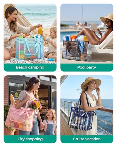 BAGSMART Mesh Beach Bag with Zipper Pocket, Large Beach Tote Bags for Women | for 40 oz Bottle, Removable Ribbon Bow, Sand...