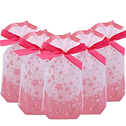 VIFOME Treat Bags,24pcs Party Favor Bags Pink Sakura Gift Bag Plastic Drawstring Bag Gift Wrapping Package for Candies Goo...
