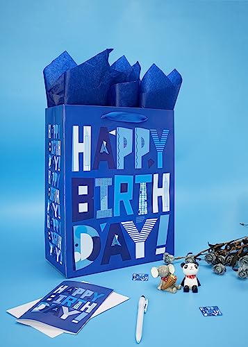 wishinside 13" Large Blue Gift Bags Set with Greeting Card and Tissue Papers (Blue Happy Birthday) for Men's Birthday Part...