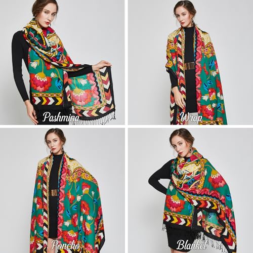 DANA XU 100% Merino Wool Pashmina Shawl for Women 96"x43", Oversized Cashmere Wrap with Tassels, Floral Travel Blanket Cape