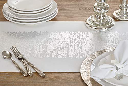 SARO LIFESTYLE Agatha Collection Metallic Banded Design Cotton Table Runner, 16" x 90", Silver