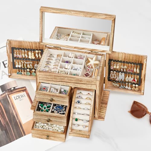 Poyilooo Jewelry Box Organizer, Solid Wood Jewelry Boxes fow Women with Mirror, Double Layer Jewelry Organizer Box Display...